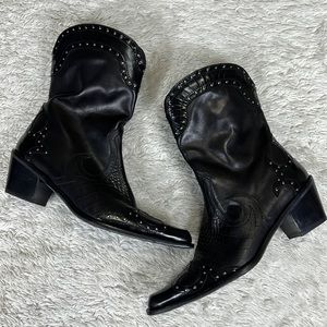 Stuart Weitzman Black Leather Studded Western Cowboy Heeled Boots 6.5 M